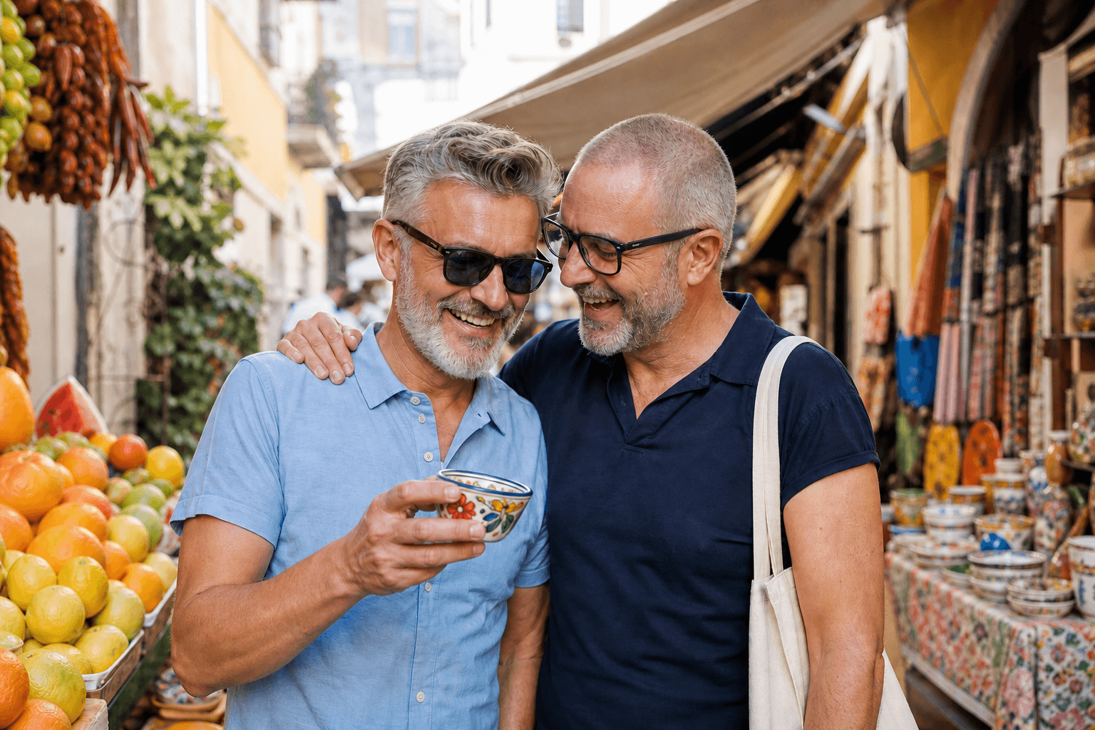 Travelers discovering a local market together