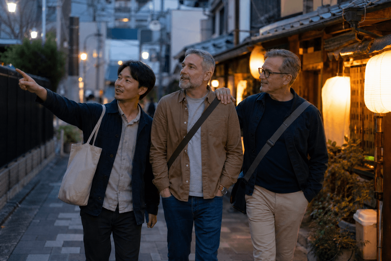 Travelers enjoying the city together after dark