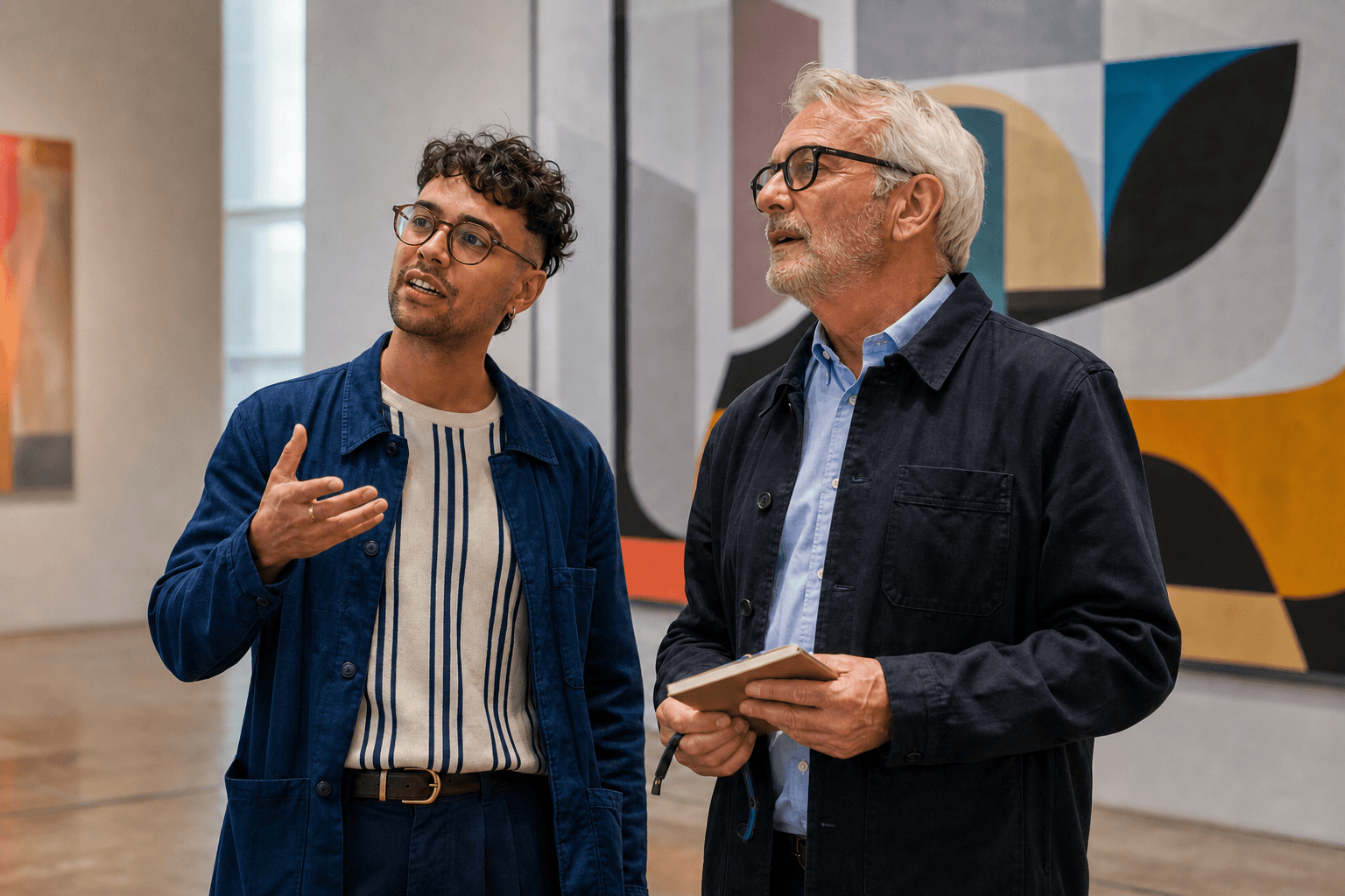 A traveler discovering a gallery with a local guide