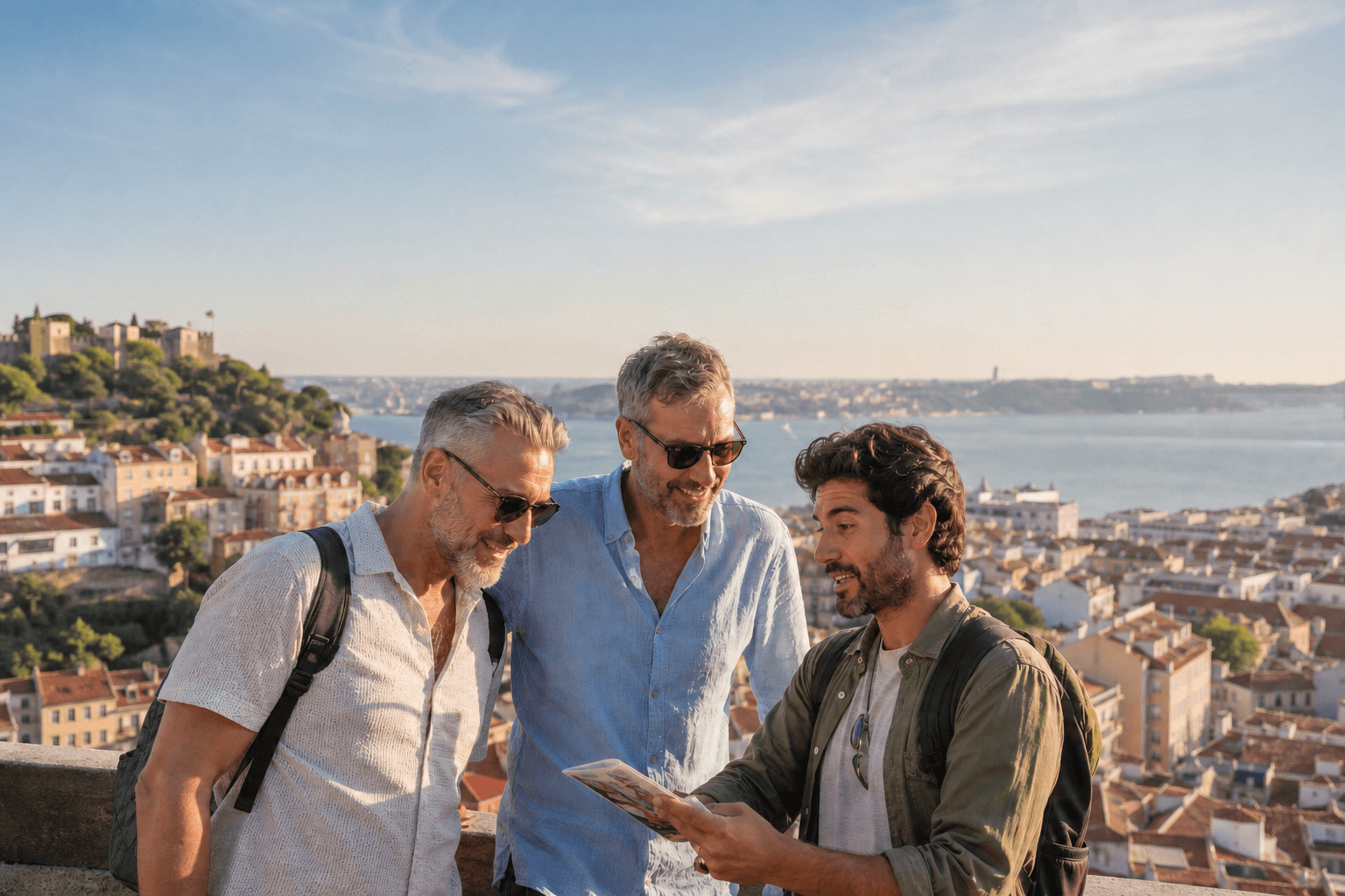 A local guide and travelers looking over the city from a hilltop viewpoint